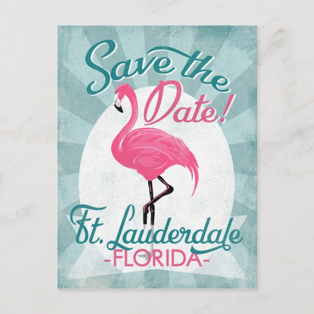 Fort Lauderdale Save The Date Pink Flamingo Announcement Postcard (Front)