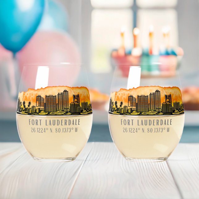 Fort Lauderdale Skyline & Coordinates Stemless Wine Glass (Insitu (Baby Shower))