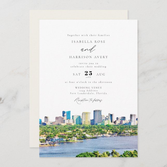 FORT LAUDERDALE Watercolor Skyline Wedding Invitation (Front/Back)
