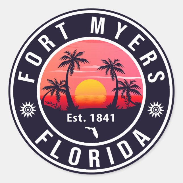 Fort Myers Beach Florida Retro Sunset Souvenirs Classic Round Sticker (Front)
