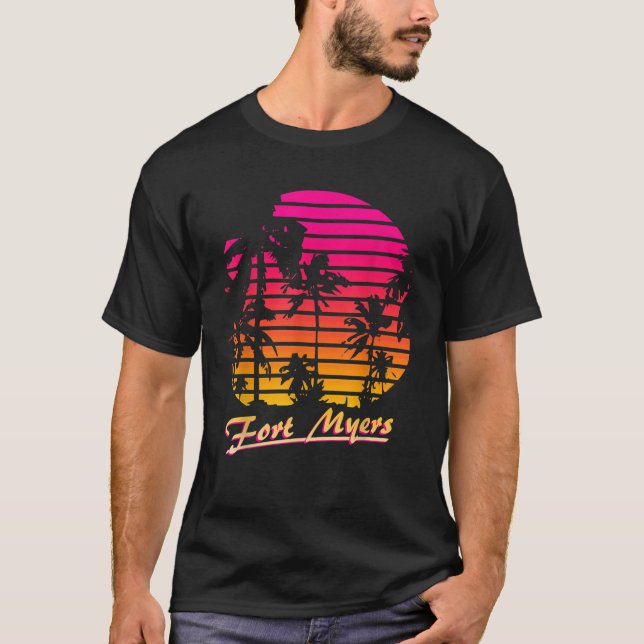 Fort Myers Cool 80s Palm Trees Summer Sunset T-Shirt (Front)