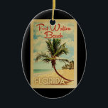 Fort Walton Beach Palm Tree Vintage Travel Ceramic Ornament<br><div class="desc">A uniquely retro mid-century modern Fort Walton Beach Florida art print in vintage travel poster style. It features a curved palm tree on sandy beach with ocean under a blue cloudy sky.</div>