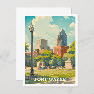 Fort Wayne Indiana Art Vintage Travel Illustration Postcard