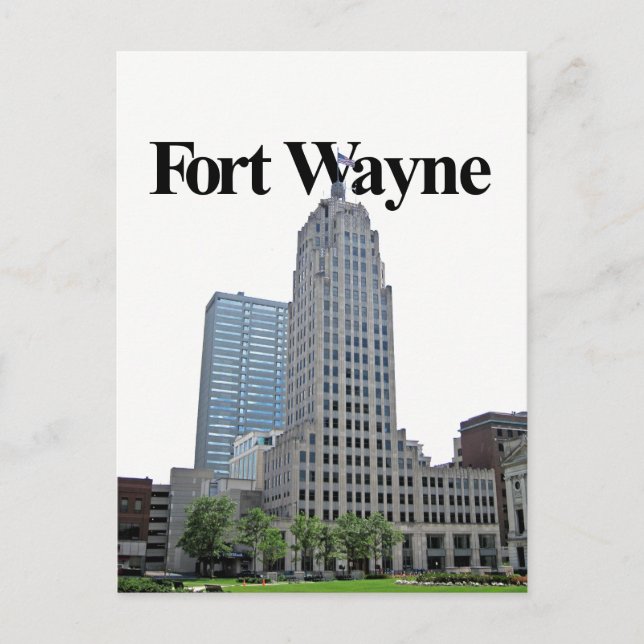 Fort Wayne Indiana Skyline w/Fort Wayne in the Sky Postcard (Front)