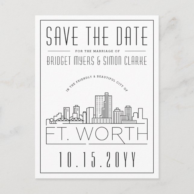 Fort Wort Wedding | Stylised Skyline Save the Date Postcard (Front)