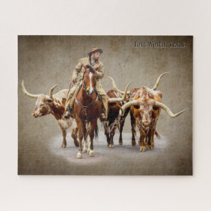 Fort Worth Cattle Drive on Textured Sepia Jigsaw Puzzle