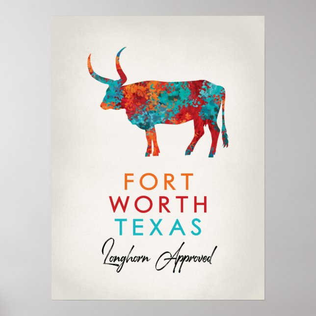 Fort Worth Texas Colourful Longhorn Poster (Front)