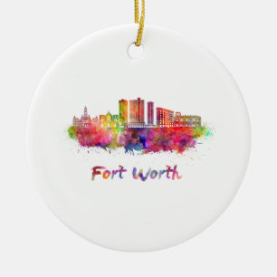 Fort Worth V2 skyline in watercolor Ceramic Tree Decoration