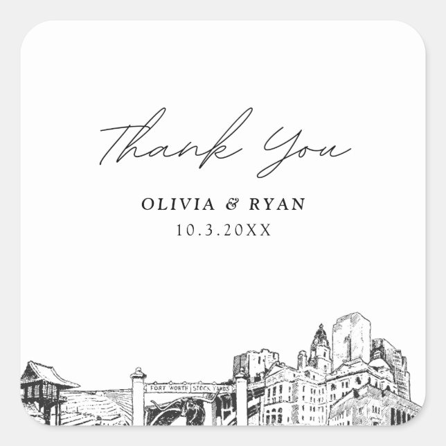 Fort Worth Wedding Landmarks Favour Thank You Square Sticker (Front)