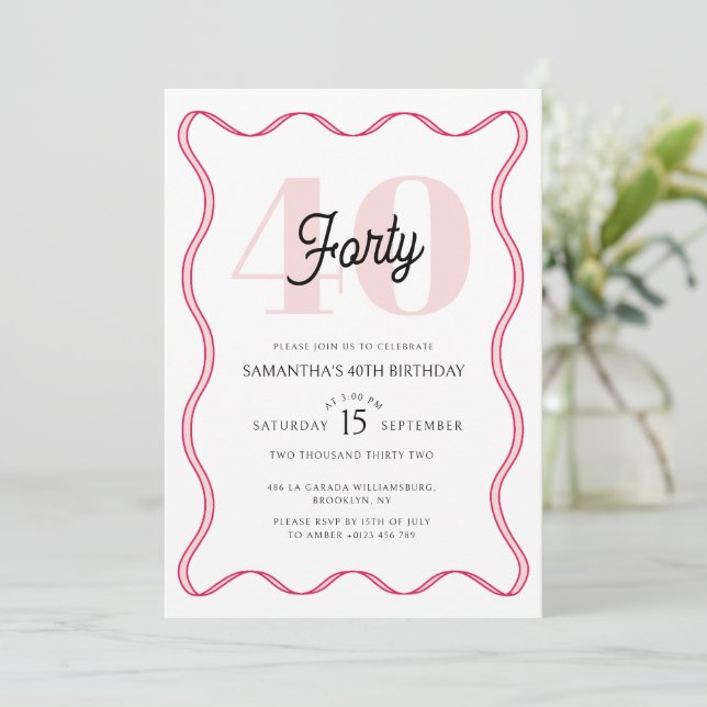 Fortieth Retro Wavy Borders 40th Birthday  Invitation (Standing Front)