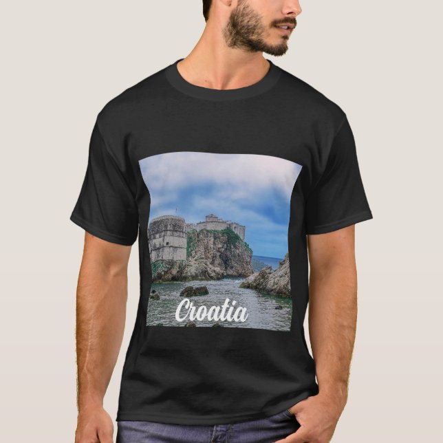 Fortress walls, rocky coast and sea in Croatia T-Shirt (Front)