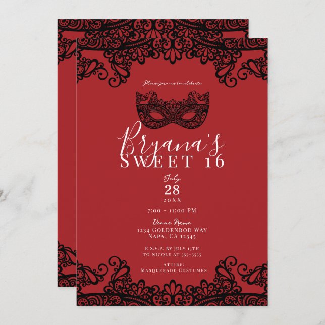 Fortune Red Black Lace Masquerade Sweet 16 Party  Invitation (Front/Back)