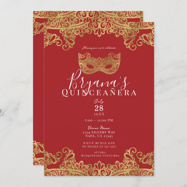 Fortune Red Gold Lace Masquerade 15 Quinceañera   Invitation (Front/Back)
