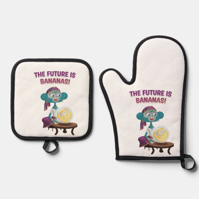Fortune teller monkey oven mitt & pot holder set (Front)