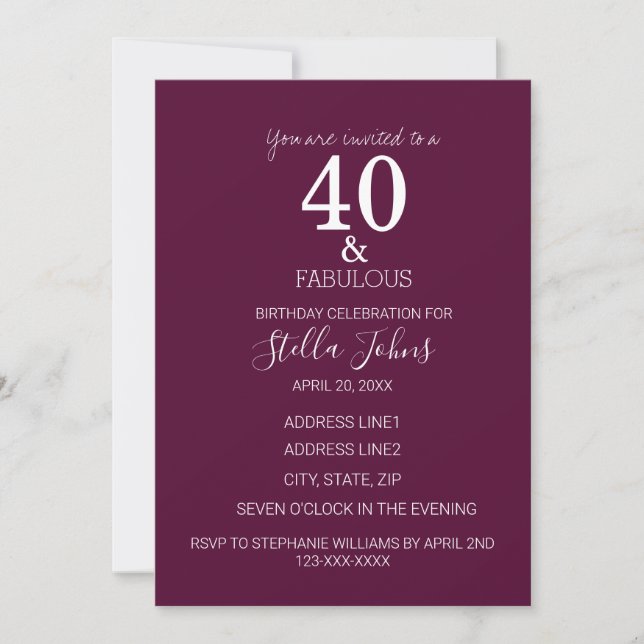 Forty 40 Fabulous Birthday Party Pink Purple White Invitation (Front)