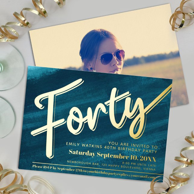 Forty 40th Birthday party aqua art gold script (Creator Uploaded)