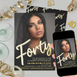 Forty 40th Birthday photo script flat gold colour Invitation<br><div class="desc">Forty bold gold style effect script text in gold colour and black. Personalise this 40th birthday party script photo birthday invitation with your own birthday party event details, and a photos of your birthday girl. Other years, gold foil version and matching items are available. © Original design by Sarah Trett...</div>