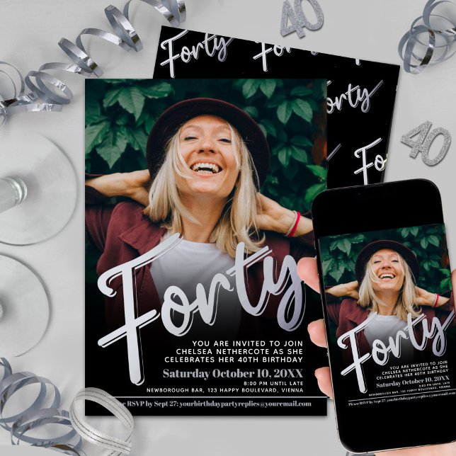 Forty 40th Birthday photo script flat silver colou Invitation (Creator Uploaded)
