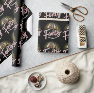 Forty 40th Birthday photo script rose pink custom Wrapping Paper