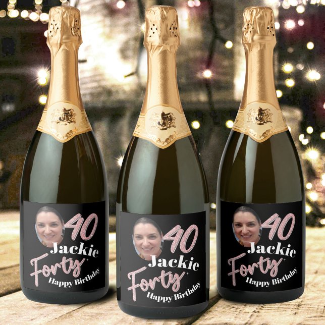 Forty 40th Birthday photo script rose pink Sparkling Wine Label (Creator Uploaded)