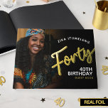 Forty 40th birthday photos black gold guest book<br><div class="desc">Forty gold script text one large photo on the front and 5 instant snap style photos on the back guest book. Personalise this 40th birthday party guest book with your own birthday girls or boys name and photos. Other years and matching items are available and can be created by request....</div>