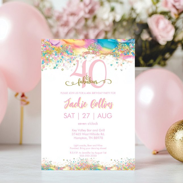 Forty and Fabulous Birthday Party Invitation (Forty and Fabulous Rainbow and Gold 40th Birthday Invitation)
