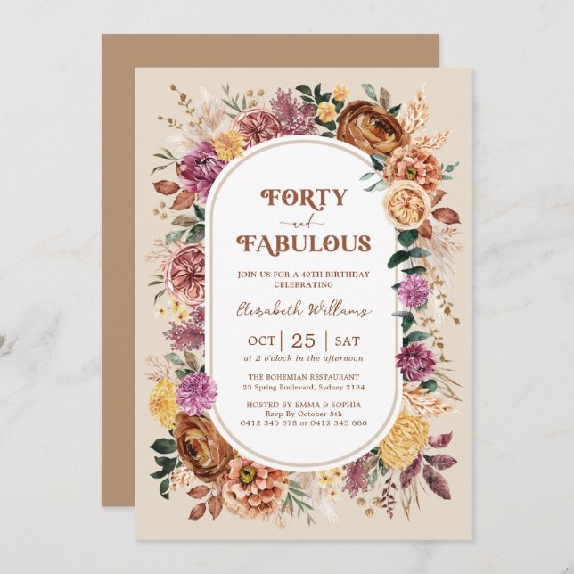 Forty and Fabulous Boho Fall Floral 40th Birthday Invitation (Front/Back)