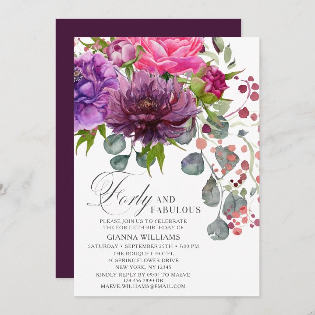 Forty and Fabulous Elegant Floral 40th Birthday Invitation (Front/Back)