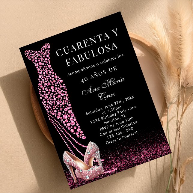 Forty and Fabulous Pink Glam Spanish 40th Birthday Invitation (Creator Uploaded)