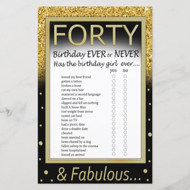 Forty Birthday Ever or Never Game (Front)