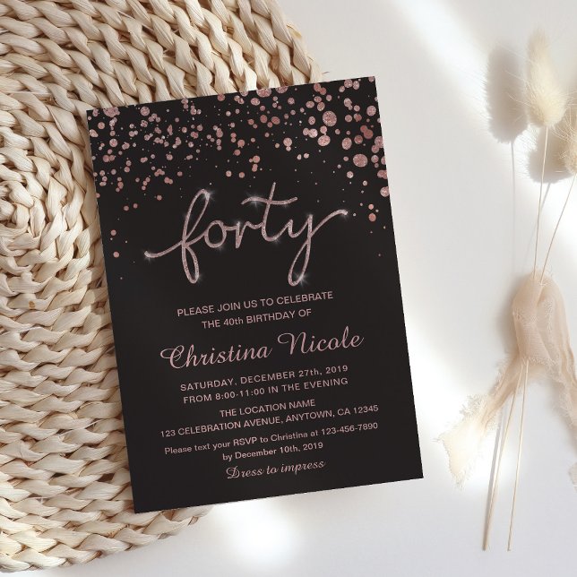 Forty Birthday Invite, Rose Gold Grey Confetti Invitation (Creator Uploaded)