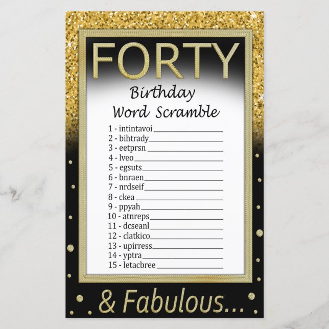 Forty Birthday Word Scramble Game (Front)