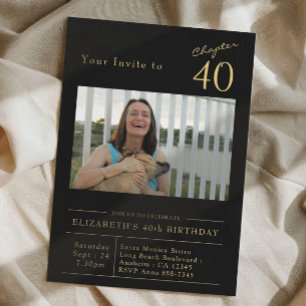 Forty Black Gold 40th Birthday Party Photo Invitation