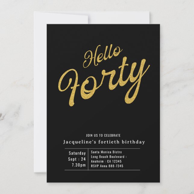 Forty Black Gold Modern 40th Birthday Invitation (Front)