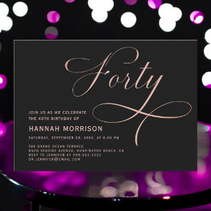Forty Black Rose Gold Script 40th Birthday Invitation