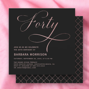 Forty Black Rose Gold Script 40th Birthday Invitation