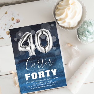 Forty Blue & Silver Balloons 40th Birthday Invitation
