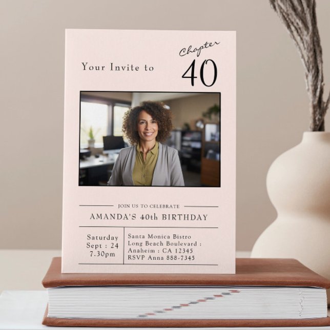 Forty Blush Pink 40th Birthday Party Photo Invitation (Blush pink 40th birthday invitation propped up on a book.)