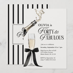 Forty & Fabulous Chic Champagne Bow 40th Birthday Invitation
