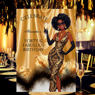 Forty Fabulous Elegant Birthday Gold Black Ethnic Invitation