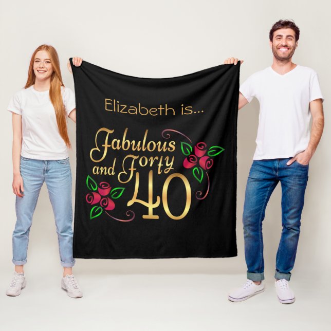 Forty Fabulous Gold Black Red Roses Birthday   Fleece Blanket (In Situ)