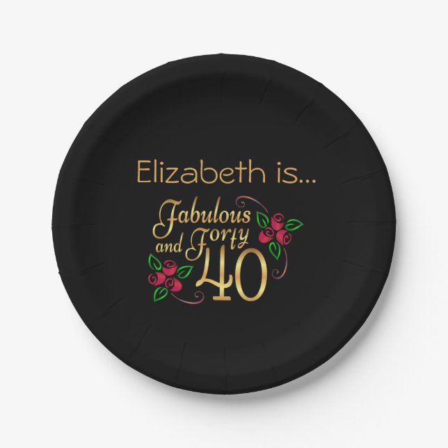 Forty Fabulous Gold Black Red Roses Birthday  Paper Plate (Front)