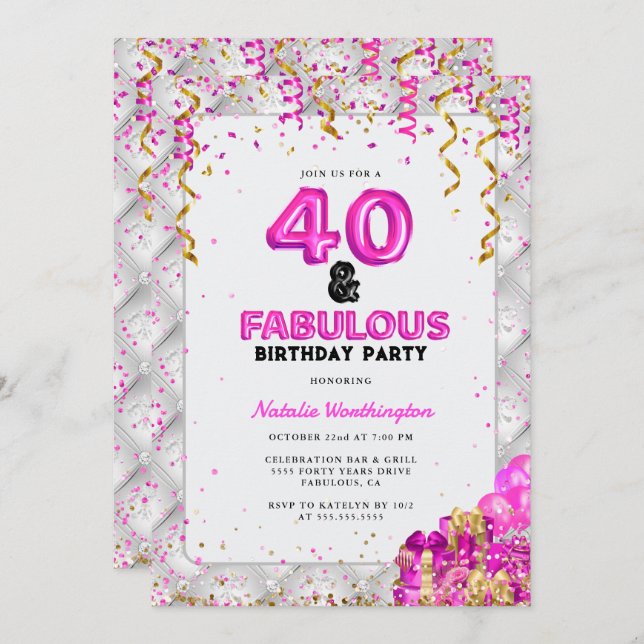 Forty Fabulous Gold Pink 40th Birthday Invitation (Front/Back)