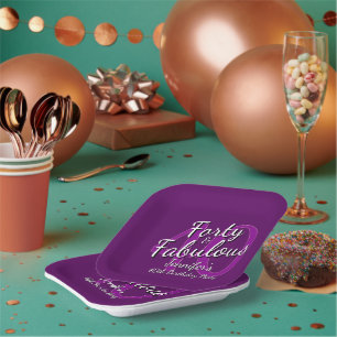 Forty & Fabulous Pink Purple 40th Birthday Square Paper Plate