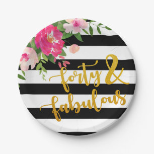 Forty & Fabulous Plate - Floral with Black & White