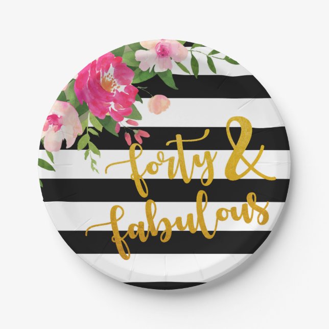 Forty & Fabulous Plate - Floral with Black & White (Front)