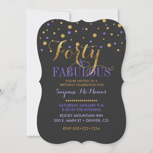 Forty & Fabulous Purple & Gold Foil Dots Invitation (Front)