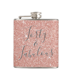 Forty & Fabulous Rose Gold Blush Pink Glitter Hip Flask