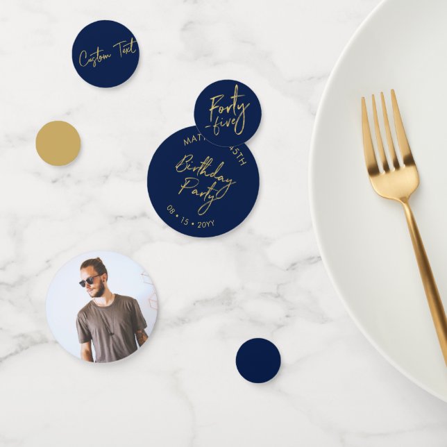 Forty Five | Gold & Navy Blue 45th Birthday Party Confetti (Group)