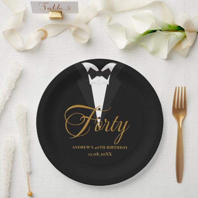 Forty | Gold & Black Lettering 40th Birthday Paper Plate (Wedding)